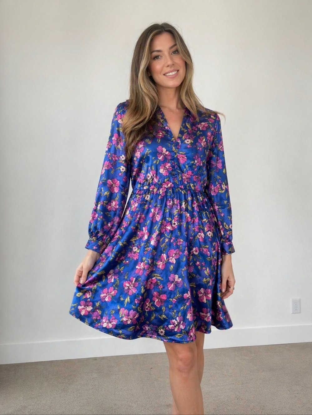 Emma & Michele Satin Floral Dress Blue Pink Long Sleeve Tie Neck-Large